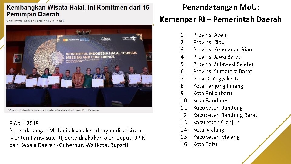 Penandatangan Mo. U: Kemenpar RI – Pemerintah Daerah 9 April 2019 Penandatangan Mo. U