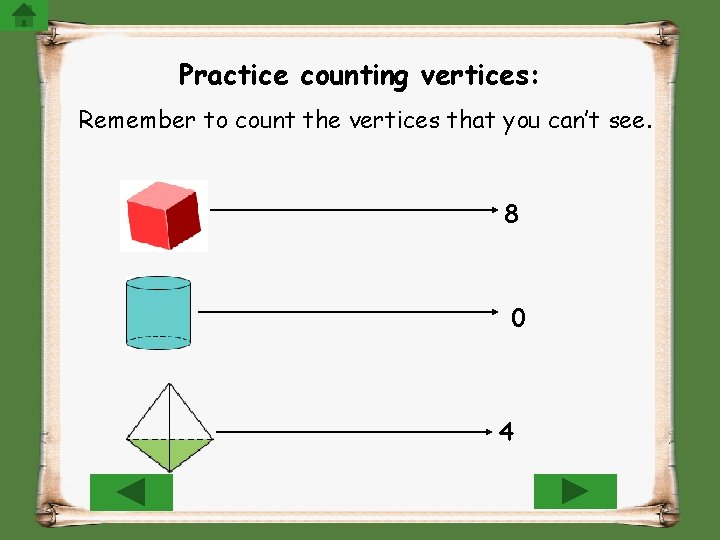 Practice counting vertices: Remember to count the vertices that you can’t see. 8 0