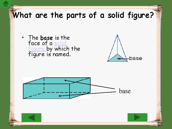 What are the parts of a solid figure? • The base is the face