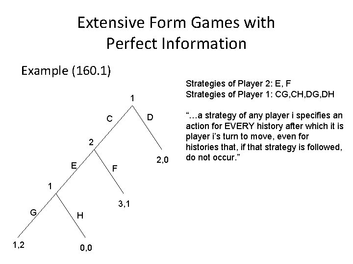 Extensive Form Games with Perfect Information Example (160. 1) Strategies of Player 2: E,