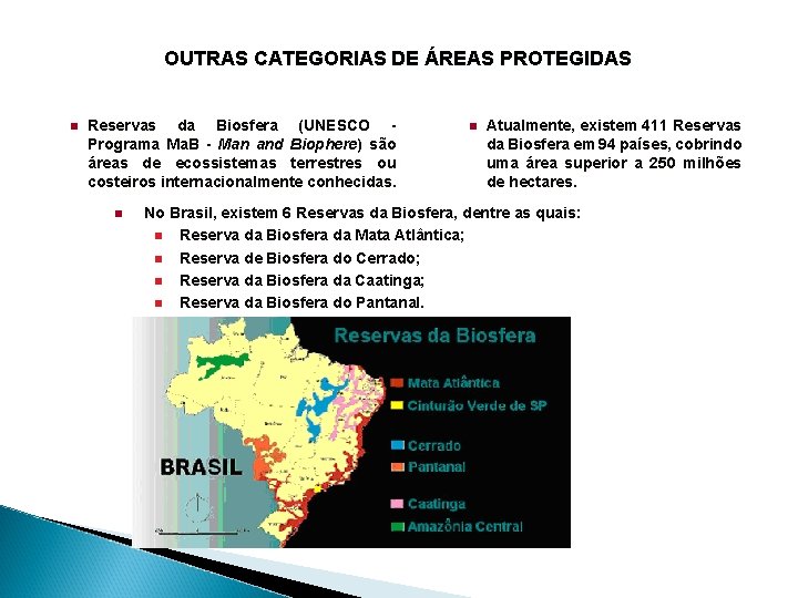 OUTRAS CATEGORIAS DE ÁREAS PROTEGIDAS n Reservas da Biosfera (UNESCO Programa Ma. B -