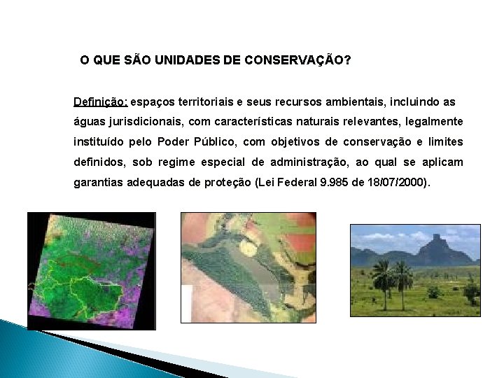 O QUE SÃO UNIDADES DE CONSERVAÇÃO? Definição: espaços territoriais e seus recursos ambientais, incluindo