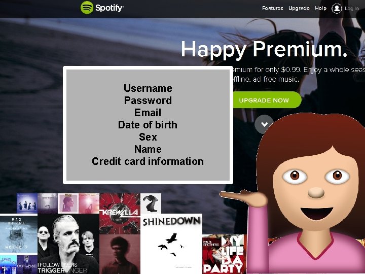Username Password Email Date of birth Sex Name Credit card information 