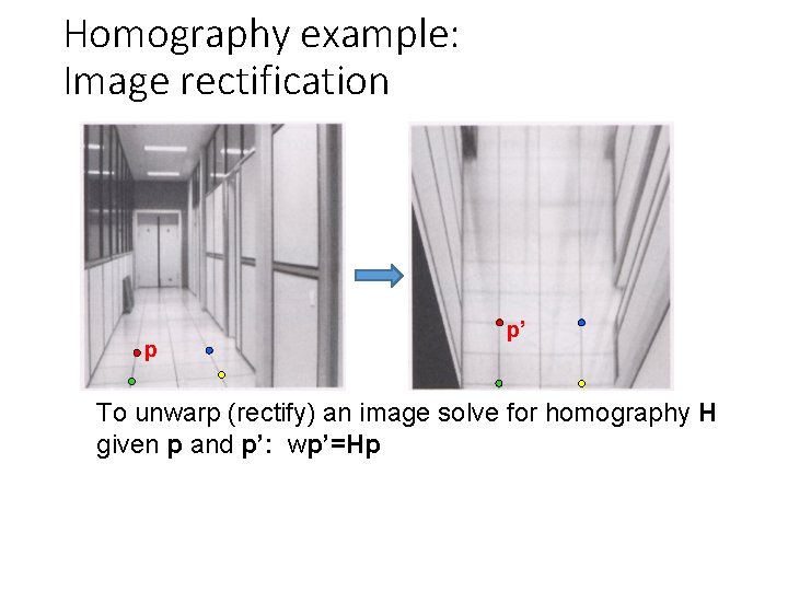 Homography example: Image rectification p p’ To unwarp (rectify) an image solve for homography