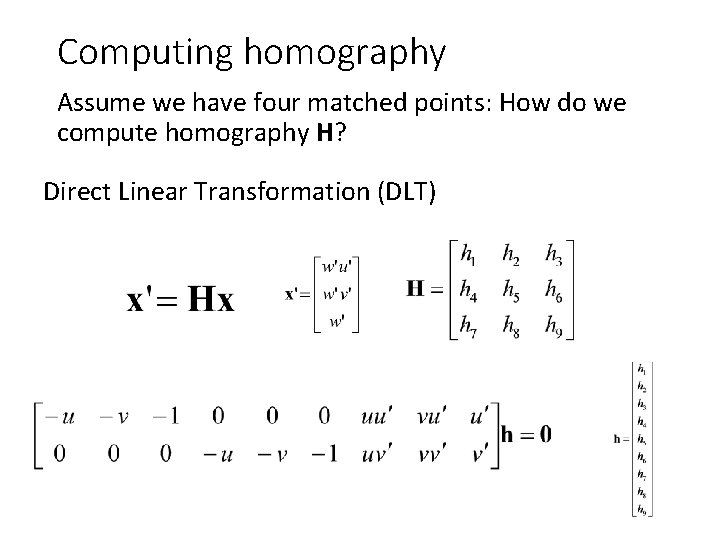 Computing homography Assume we have four matched points: How do we compute homography H?