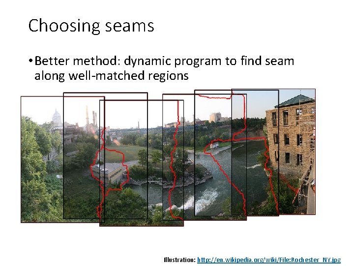 Choosing seams • Better method: dynamic program to find seam along well-matched regions Illustration: