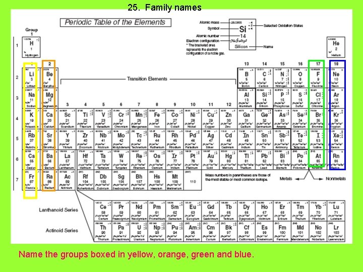 25. Family names Name the groups boxed in yellow, orange, green and blue. 