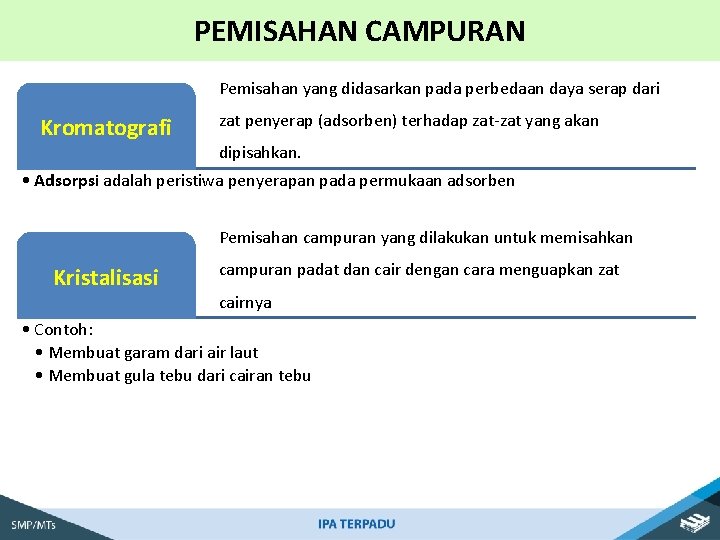 PEMISAHAN CAMPURAN Pemisahan yang didasarkan pada perbedaan daya serap dari Kromatografi zat penyerap (adsorben)