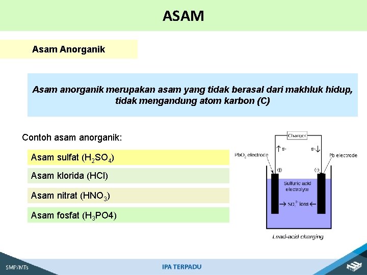 ASAM Asam Anorganik Asam anorganik merupakan asam yang tidak berasal dari makhluk hidup, tidak