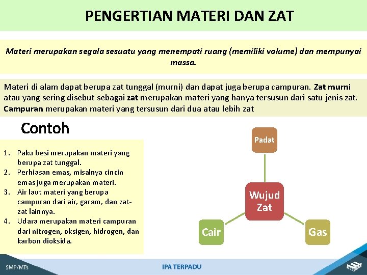 PENGERTIAN MATERI DAN ZAT Materi merupakan segala sesuatu yang menempati ruang (memiliki volume) dan