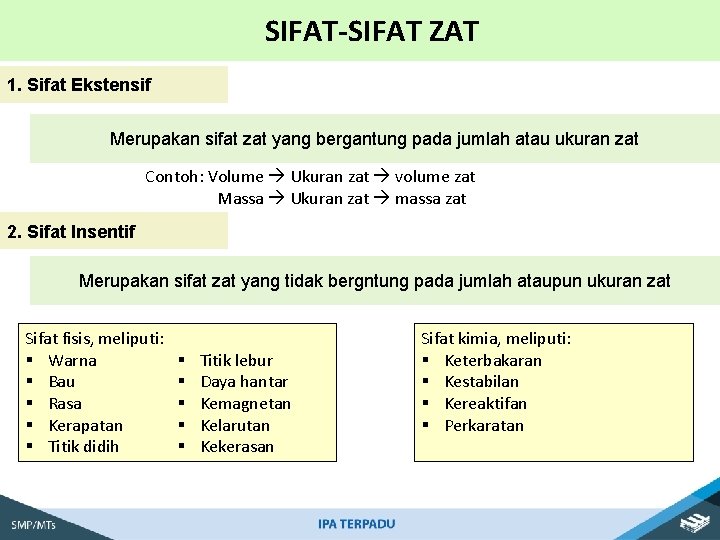 SIFAT-SIFAT ZAT 1. Sifat Ekstensif Merupakan sifat zat yang bergantung pada jumlah atau ukuran