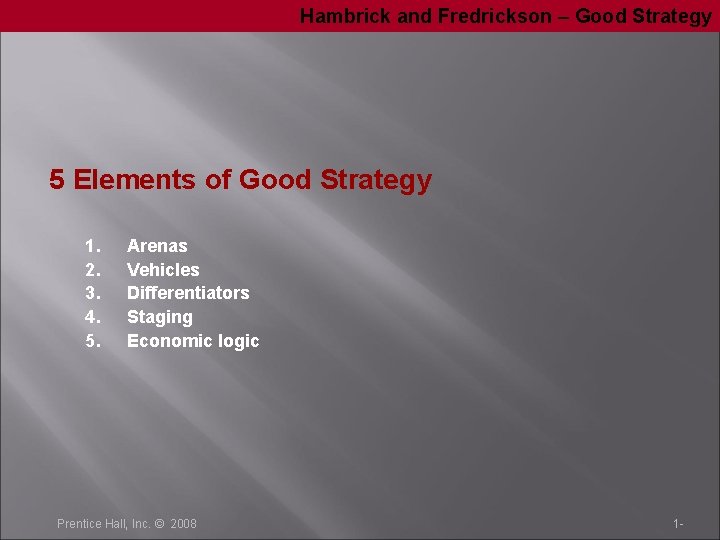 Hambrick and Fredrickson – Good Strategy 5 Elements of Good Strategy 1. 2. 3.