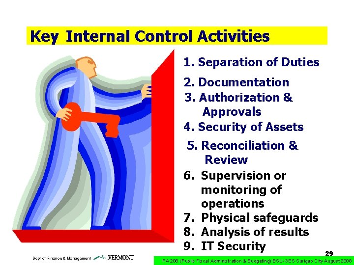 Key Internal Control Activities 1. Separation of Duties 2. Documentation 3. Authorization & Approvals
