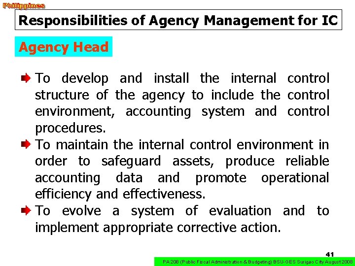 Responsibilities of Agency Management for IC Agency Head To develop and install the internal