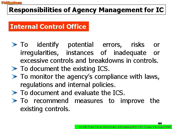 Responsibilities of Agency Management for IC Internal Control Office To identify potential errors, risks