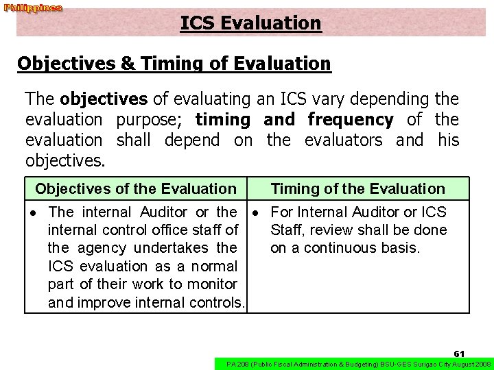 ICS Evaluation Objectives & Timing of Evaluation The objectives of evaluating an ICS vary