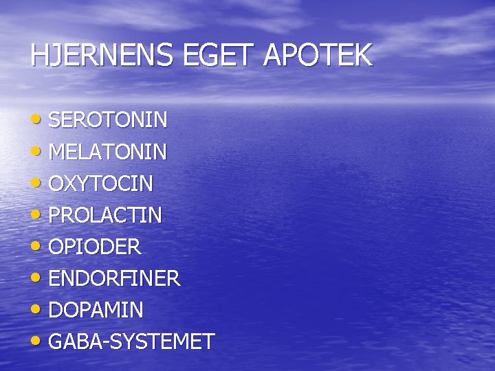 HJERNENS EGET APOTEK • SEROTONIN • MELATONIN • OXYTOCIN • PROLACTIN • OPIODER •