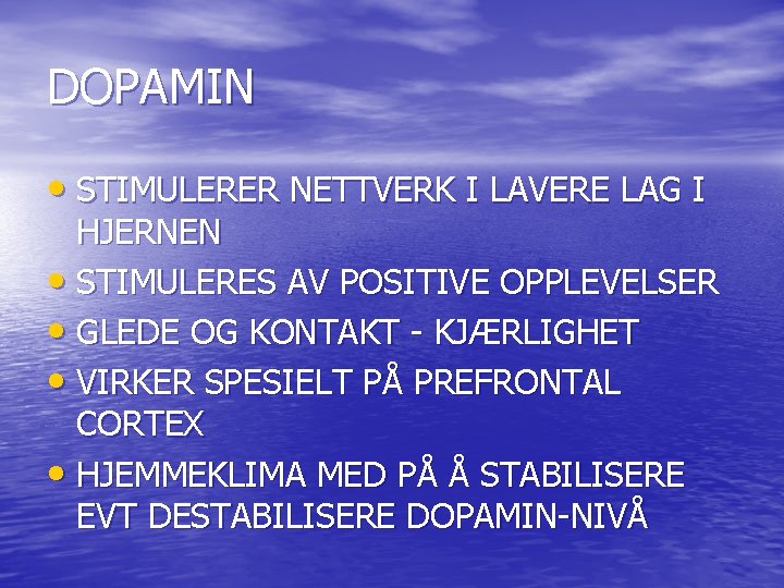 DOPAMIN • STIMULERER NETTVERK I LAVERE LAG I HJERNEN • STIMULERES AV POSITIVE OPPLEVELSER