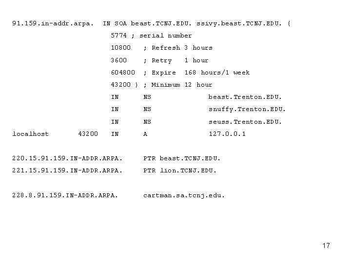 91. 159. in-addr. arpa. IN SOA beast. TCNJ. EDU. ssivy. beast. TCNJ. EDU. (