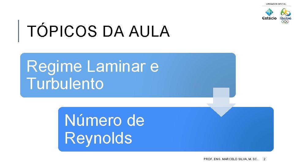 TÓPICOS DA AULA Regime Laminar e Turbulento Número de Reynolds PROF. ENG. MARCELO SILVA,