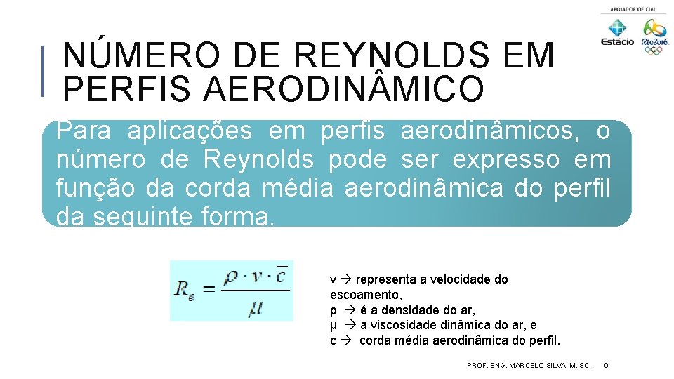 NÚMERO DE REYNOLDS EM PERFIS AERODIN MICO Para aplicações em perfis aerodinâmicos, o número