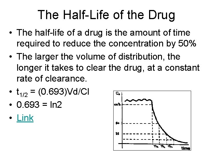 The Half-Life of the Drug • The half-life of a drug is the amount