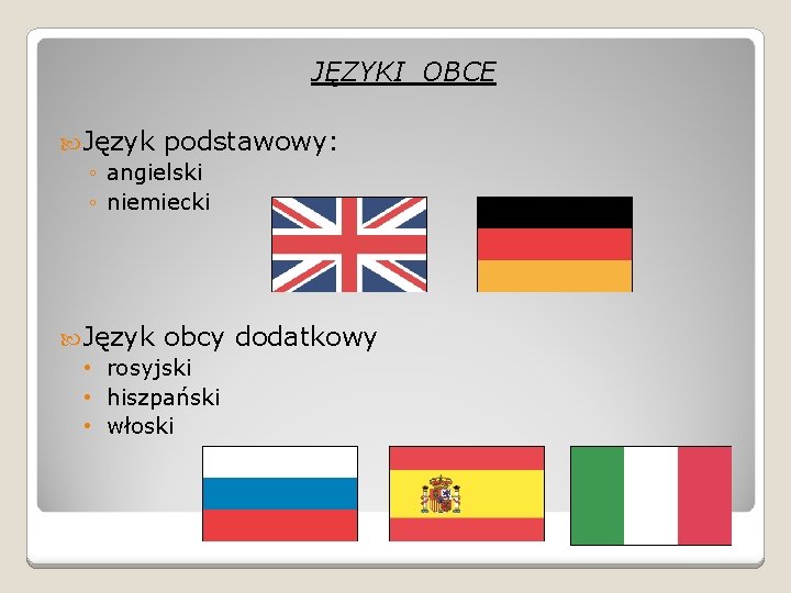 JĘZYKI OBCE Język podstawowy: ◦ angielski ◦ niemiecki Język obcy dodatkowy • rosyjski •