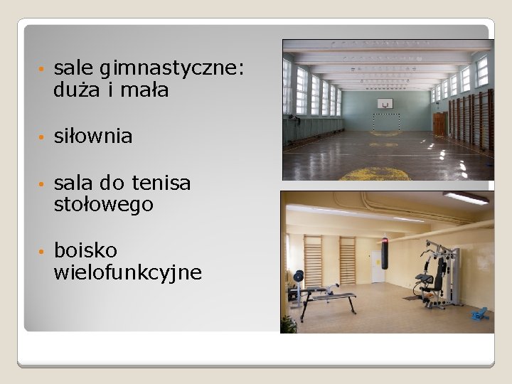  • sale gimnastyczne: duża i mała • siłownia • sala do tenisa stołowego