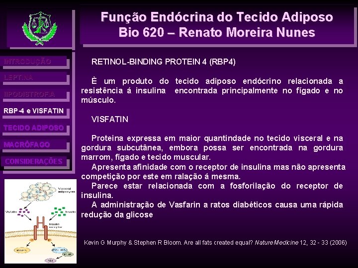 Função Endócrina do Tecido Adiposo Bio 620 – Renato Moreira Nunes INTRODUÇÃO LEPTINA l.