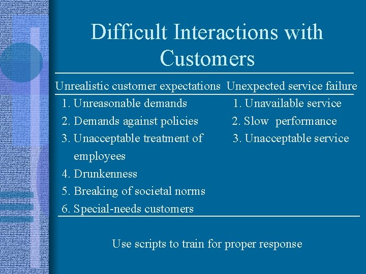 Difficult Interactions with Customers Unrealistic customer expectations Unexpected service failure 1. Unreasonable demands 1.
