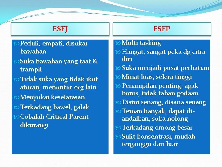 ESFJ Peduli, empati, disukai bawahan Suka bawahan yang taat & trampil Tidak suka yang