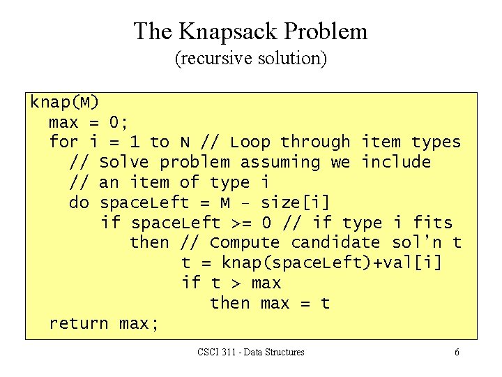 The Knapsack Problem (recursive solution) knap(M) max = 0; for i = 1 to