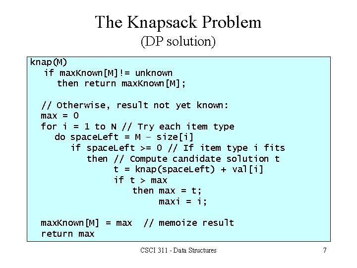 The Knapsack Problem (DP solution) knap(M) if max. Known[M]!= unknown then return max. Known[M];