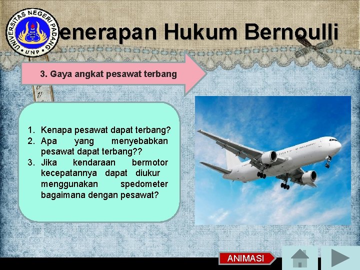 Penerapan Hukum Bernoulli 3. Gaya angkat pesawat terbang 1. Kenapa pesawat dapat terbang? 2.