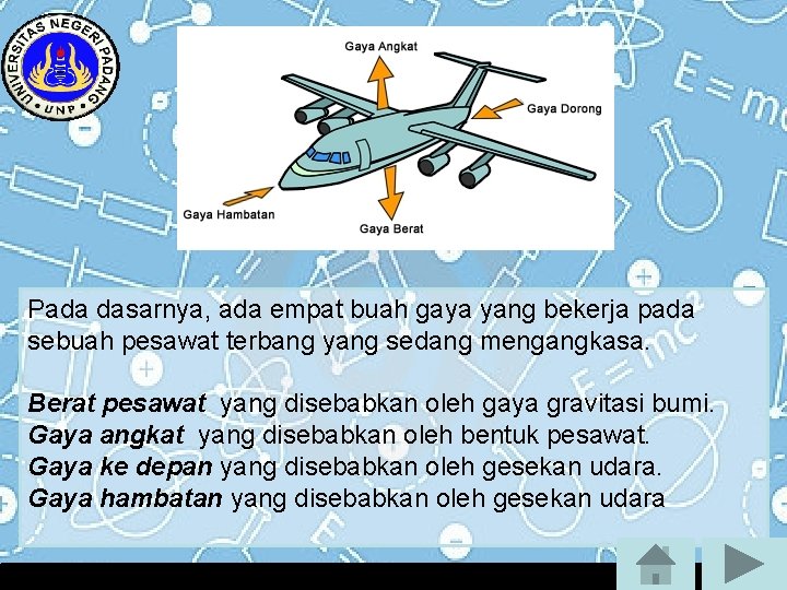 Pada dasarnya, ada empat buah gaya yang bekerja pada sebuah pesawat terbang yang sedang