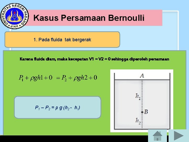 Kasus Persamaan Bernoulli 1. Pada fluida tak bergerak • Karena fluida diam, maka kecepatan