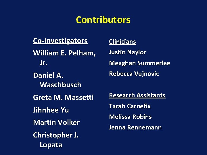 Contributors Co-Investigators Clinicians William E. Pelham, Jr. Justin Naylor Daniel A. Waschbusch Rebecca Vujnovic