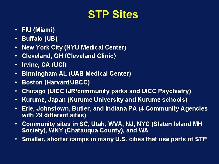 STP Sites • • • FIU (Miami) Buffalo (UB) New York City (NYU Medical