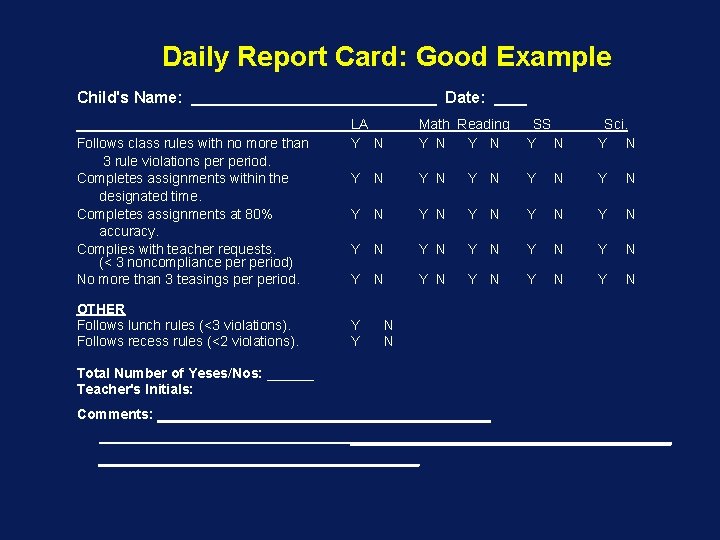 Daily Report Card: Good Example Child's Name: Follows class rules with no more than