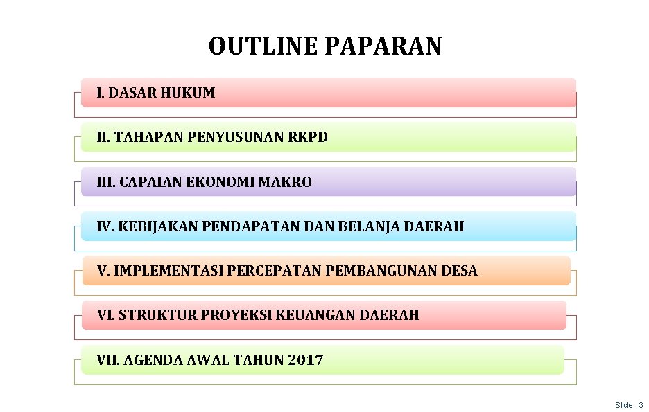 OUTLINE PAPARAN I. DASAR HUKUM II. TAHAPAN PENYUSUNAN RKPD III. CAPAIAN EKONOMI MAKRO IV.