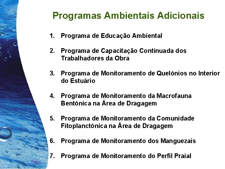 Programas Ambientais Adicionais 1. Programa de Educação Ambiental 2. Programa de Capacitação Continuada dos