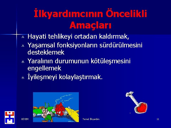 İlkyardımcının Öncelikli Amaçları Hayati tehlikeyi ortadan kaldırmak, Yaşamsal fonksiyonların sürdürülmesini desteklemek Yaralının durumunun kötüleşmesini