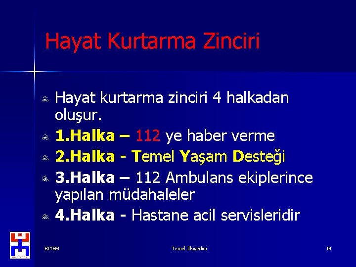 Hayat Kurtarma Zinciri Hayat kurtarma zinciri 4 halkadan oluşur. 1. Halka – 112 ye