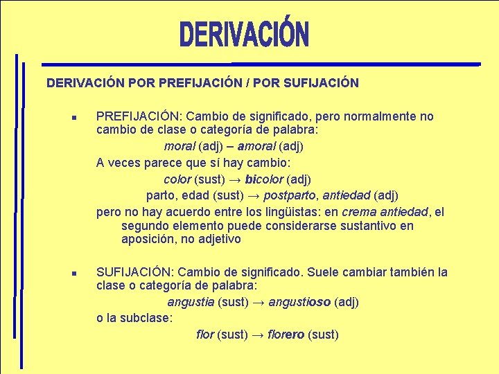 DERIVACIÓN POR PREFIJACIÓN / POR SUFIJACIÓN n n PREFIJACIÓN: Cambio de significado, pero normalmente