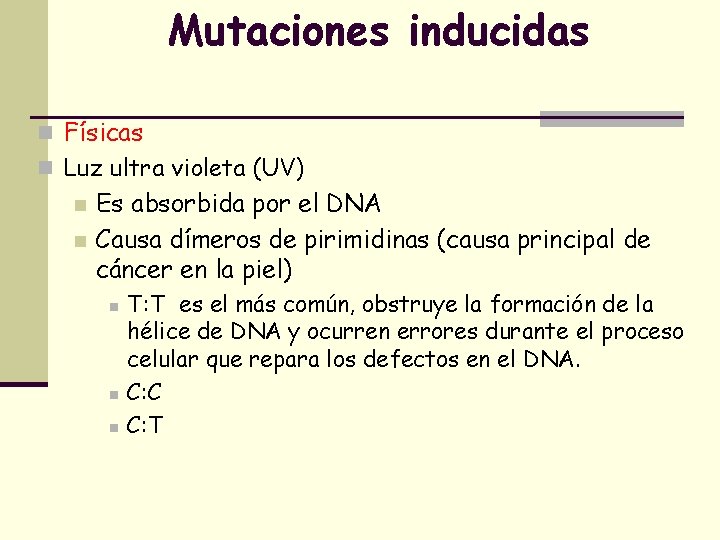 Mutaciones inducidas n Físicas n Luz ultra violeta (UV) n n Es absorbida por