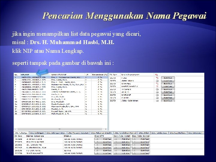 Pencarian Menggunakan Nama Pegawai jika ingin menampilkan list data pegawai yang dicari, misal : Pencarian Menggunakan Nama Pegawai jika ingin menampilkan list data pegawai yang dicari, misal :