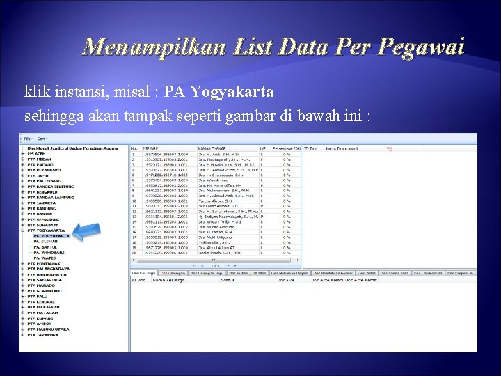 Menampilkan List Data Per Pegawai klik instansi, misal : PA Yogyakarta sehingga akan tampak Menampilkan List Data Per Pegawai klik instansi, misal : PA Yogyakarta sehingga akan tampak