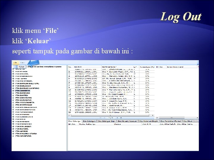 Log Out klik menu ‘File’ klik ‘Keluar’ seperti tampak pada gambar di bawah ini Log Out klik menu ‘File’ klik ‘Keluar’ seperti tampak pada gambar di bawah ini