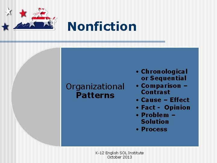 Nonfiction Organizational Patterns • Chronological or Sequential • Comparison – Contrast • Cause –
