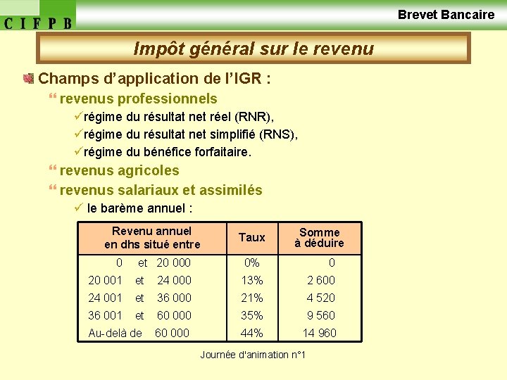  Brevet Bancaire Impôt général sur le revenu Champs d’application de l’IGR : }